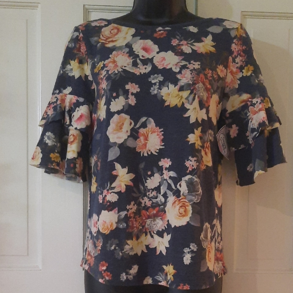 Navy Floral Women's Top - Ruffle Sleeve - Ribbon Tie on Back - Womans Size:Small